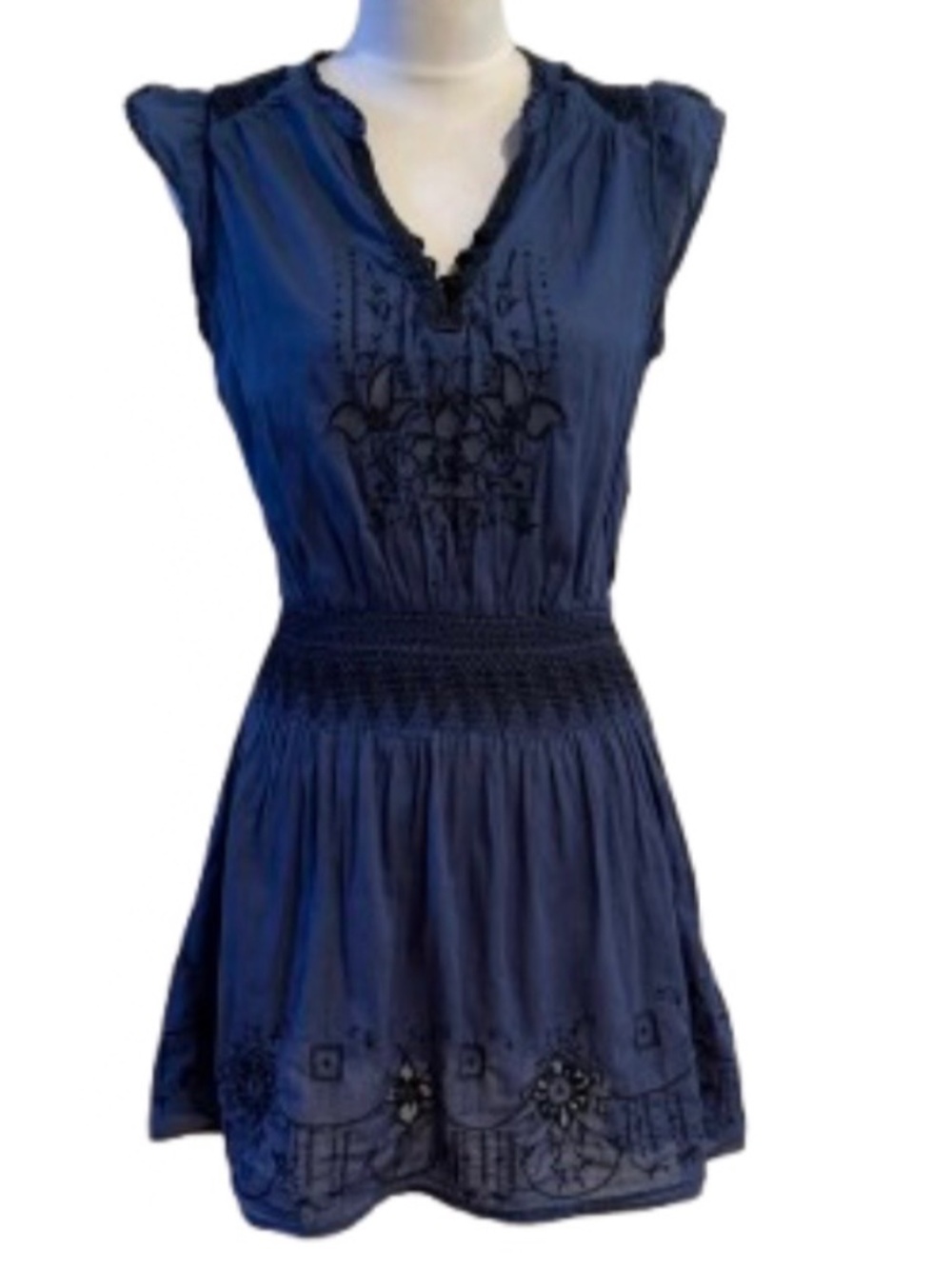 Rare Navy Free People smocked waist embroidered mini dress cover up S